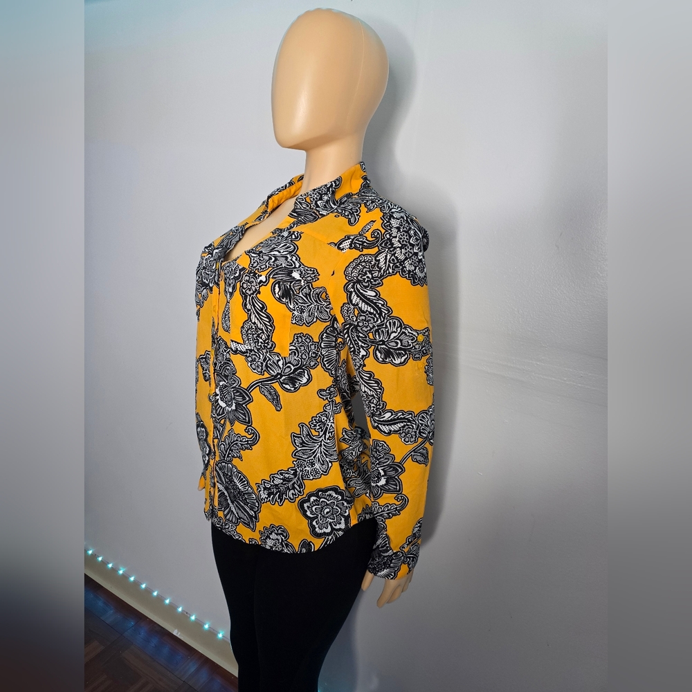 Express Yellow and Black Floral Tie-Neck Blouse Size M